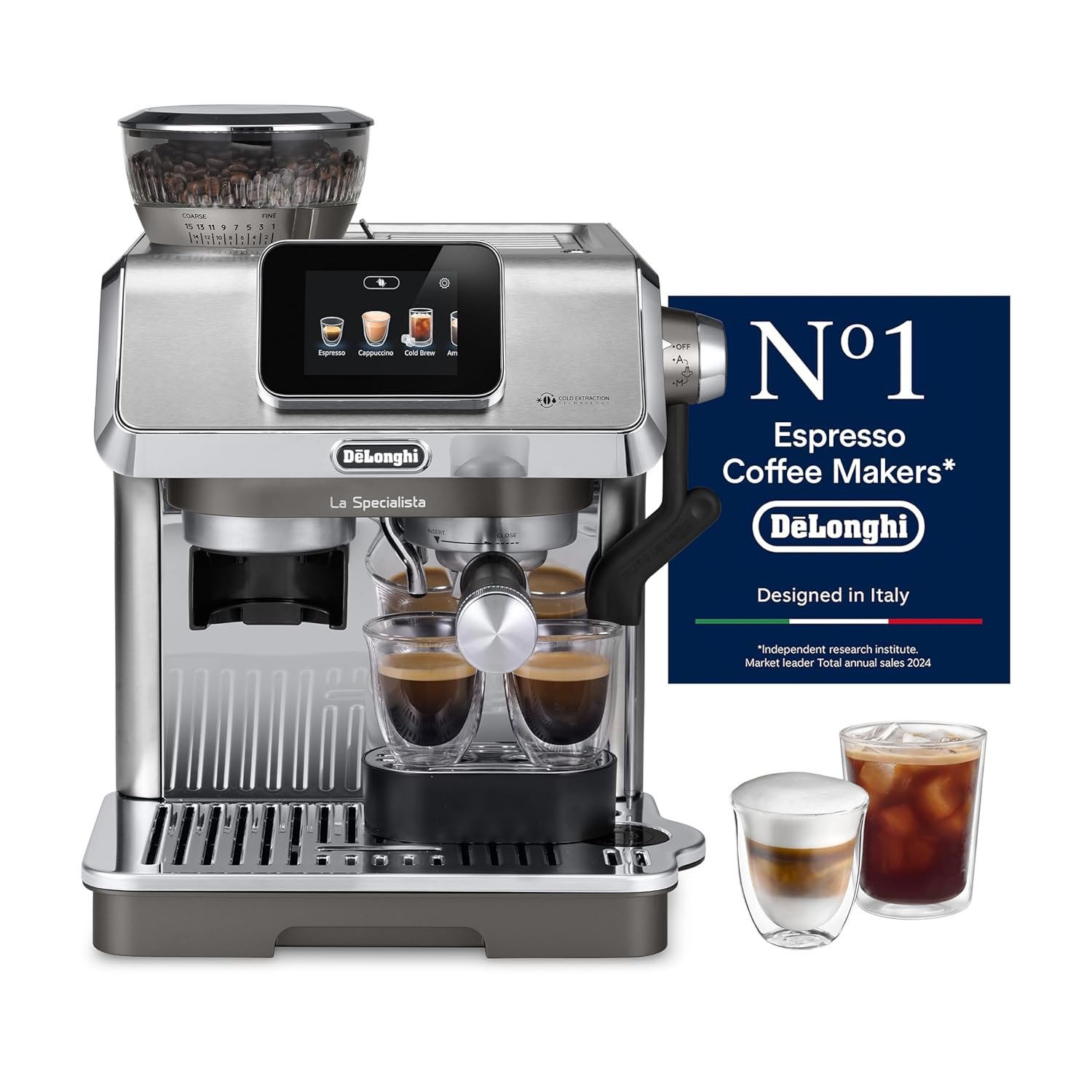De'Longhi La Specialista Touch EC9455.M La Specialista Touch guides you like a true barista, turning your kitchen into an artisan café. With intuitive on-screen assistance, craft a full menu of café-quality drinks—flawlessly, every time. It’s not just perfect—it’s Perfetto.